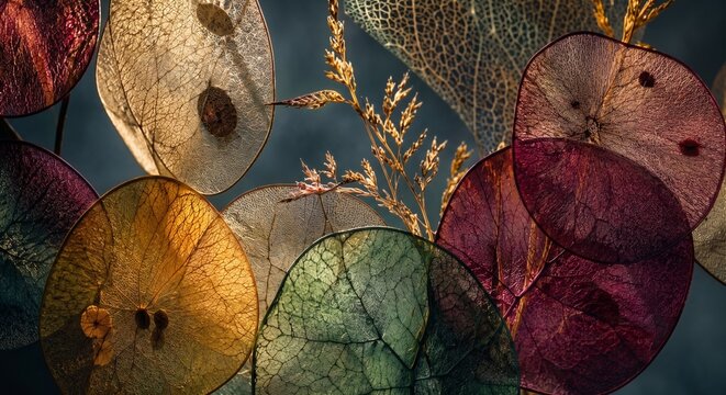 Macro abstract of translucent honesty plant seed pods