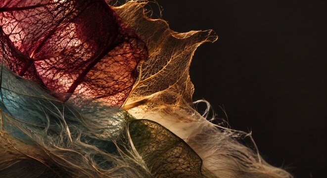 Macro abstract of translucent dried leaves and fine fibers