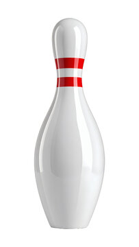 Bowling pin isolated white object with red stripes for classic ten pin sport competition game shown on transparent background