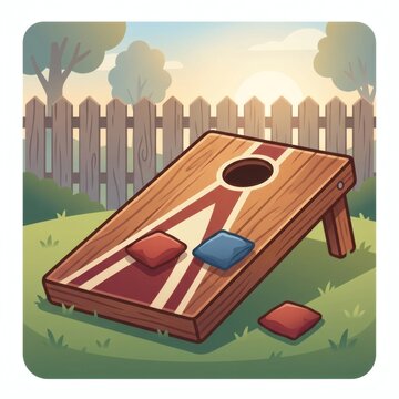 Wooden cornhole board game sitting on the grass in a sunny backyard