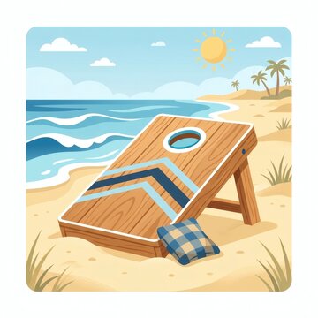 Wooden cornhole board and beanbag set on a sunny tropical beach