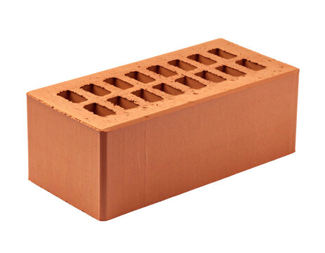 Red clay brick isolated object for construction projects showing rectangular shape with holes and rough texture on transparent background