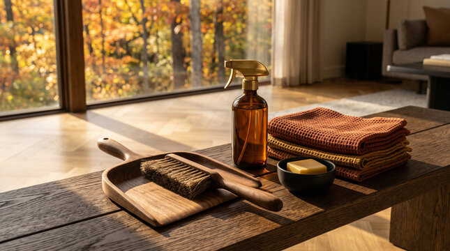 Eco-friendly cleaning tools representing sustainable household care on wooden bench against sunny autumn forest window view