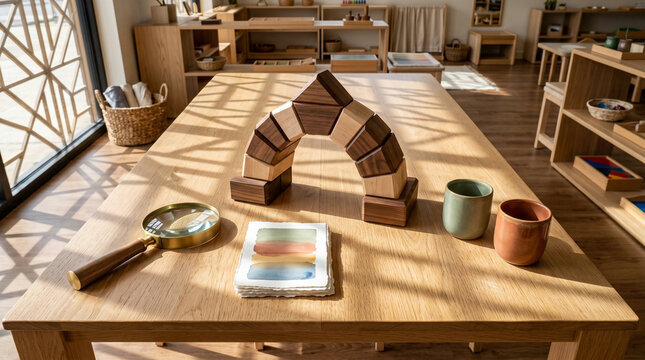 Wooden developmental toys with magnifying glass on table in warm sunlit early learning classroom backdrop