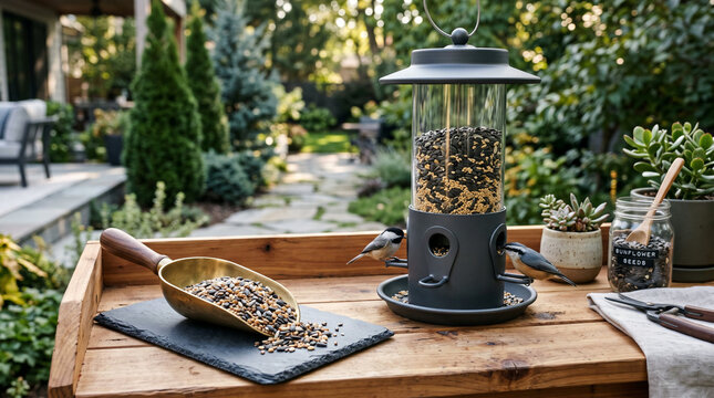 Small birds perched on black feeder next to brass scoop with seeds on wooden table against lush garden backdrop