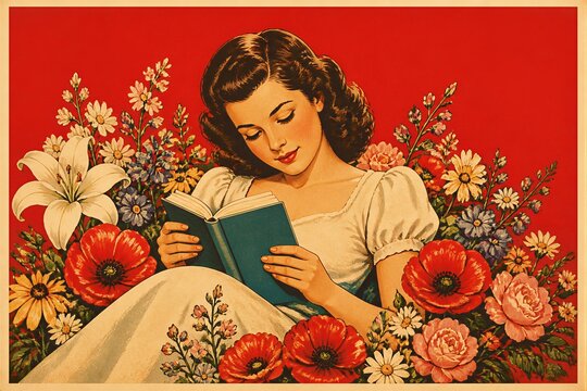Young woman reading book surrounded by flowers on vintage poster