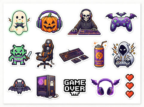Halloween Gaming Stickers Collection Featuring Ghosts Skeletons and Pixel Art on White Background