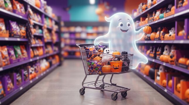 Friendly ghost floating beside a shopping cart filled with Halloween candy and pumpkins in a festive store aisle. Seasonal holiday shopping concept with playful supernatural character