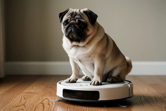 Pug sits atop white robotic vacuum cleaner on wooden floors indoors. Pug looks at camera while showcasing modern cleaning technology in action. White vacuum cleaner with black trim sits idle on floor.