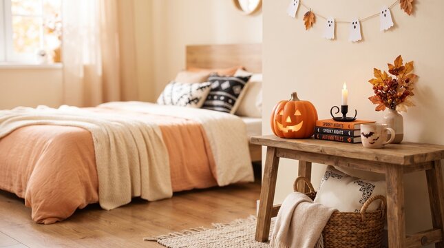 Cozy bedroom decorated for Halloween with carved pumpkin, ghost garland, autumn leaves, candle, books and seasonal accessories creating a warm festive home interior