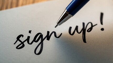 Fototapeta premium Blue pen poised over handwritten sign up text on white paper. Close up view of calligraphy inscription for registration membership. Person ready to write message, join club, apply for new opportunity