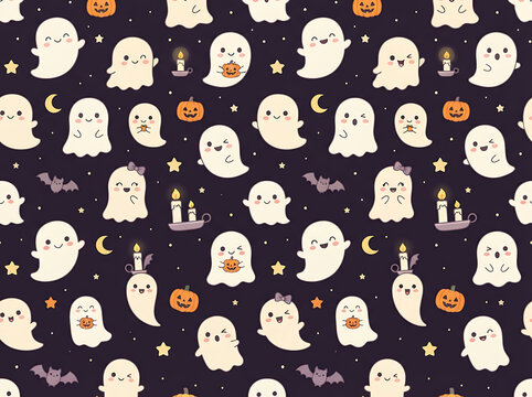 Cute halloween pattern with smiling ghosts pumpkins bats and crescent moons on a dark purple background
