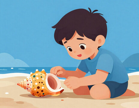 Curious Boy Discovering Striking Turquoise and Coral Seashells on a Serene Beach, Embodying Wonder and Exploration in Warm Sunlight