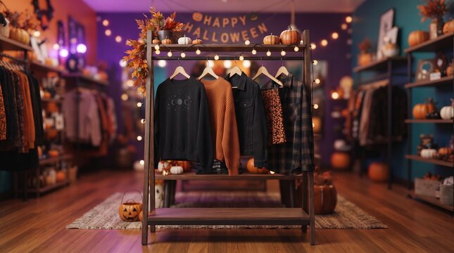 Halloween clothing display in a boutique with pumpkins and string lights. Seasonal fashion retail concept for autumn shopping, costume planning, and holiday storefront promotion