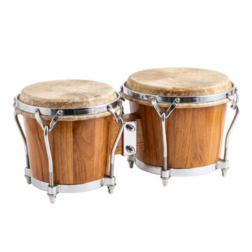 Pair of wooden bongo drums with metal hardware isolated on transparent background