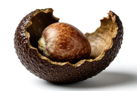 Avocado skin, large pit isolated on white background. Close up view of brown seed inside dark green bumpy peel. Organic raw fruit texture shows detail of natural waste, compostable food scrap for eco