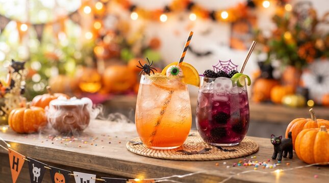 Halloween cocktail celebration with spooky orange and berry drinks, playful garnishes, pumpkins, candles, party decorations, and festive seasonal atmosphere