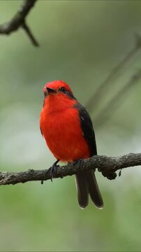 Vibrant Red Vermilion Flycatcher Bird Perched on a Branch in the Wild