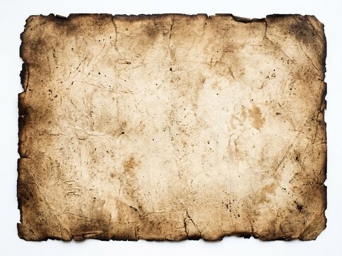 Aged vintage parchment paper texture with burnt edges isolated on white background