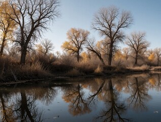Naklejka premium Bare trees and dry grass line a calm lake reflecting the muted autumn colors under a clear blue sky. Water mirrors the stark branches and pale yellow foliage of the peaceful park.