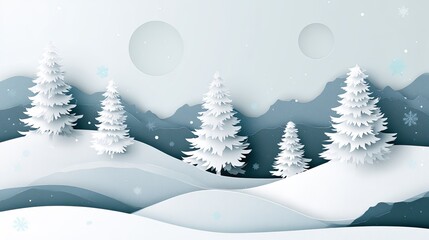 Fototapeta premium Paper-cut winter landscape with snow-covered trees and mountains