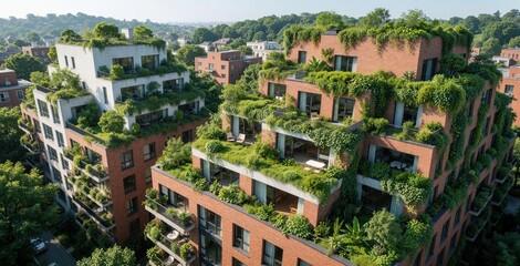 Fototapeta premium Aerial view shows apartment buildings with abundant green rooftop gardens and balconies, showcasing eco-friendly urban living and sustainable architecture. Rich vegetation covers structures.