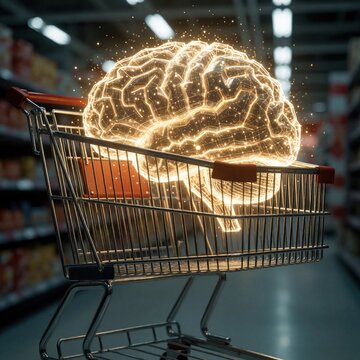 Glowing digital brain sits inside metal shopping cart in supermarket aisle. Concept of artificial intelligence, smart shopping, neuroscience, neuro marketing. Human mind controls consumer behavior,