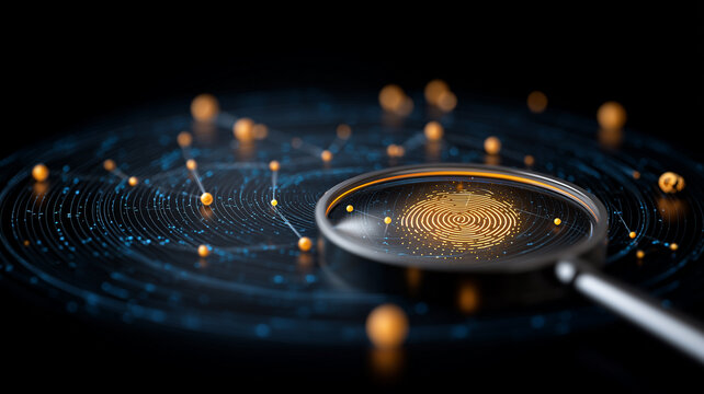 A magnifying glass highlights a fingerprint across a connected digital network representing biometric authentication identity verification and cybersecurity investigation.
