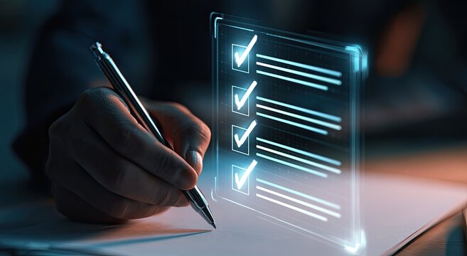 Hand marking checkboxes on a futuristic digital list