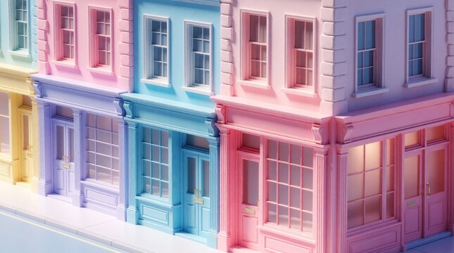Vibrant pastel-colored small-town buildings in 3D isometric style. Corel, apartment complexes with shopfronts on ground level, residential units above. Streetscape view along row of closely connected