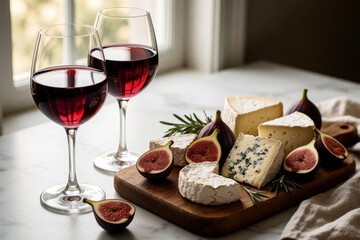 Naklejka premium Two glasses of red wine sit beside a wooden board with assorted cheeses and fresh figs. Rosemary sprigs accent the elegant food platter, perfect for gatherings or a quiet evening.