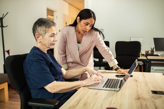Mentor coaching colleague on laptop in modern office