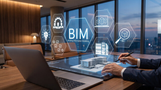 BIM building information modeling concept representing digital construction planning, architectural design, engineering coordination, and smart building technology
