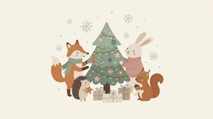 Naklejka premium Cute Woodland Animals Decorating Christmas Tree Flat Vector
