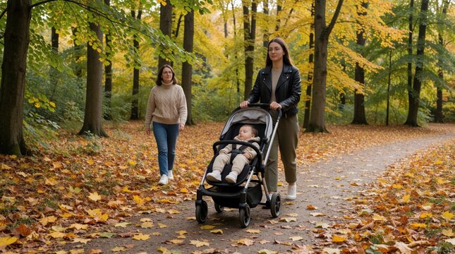 Young mother pushes baby in stroller through autumn park. Woman walks along forest path with fallen yellow leaves. Another lady follows behind on nature walk. Family enjoys outdoor activity during