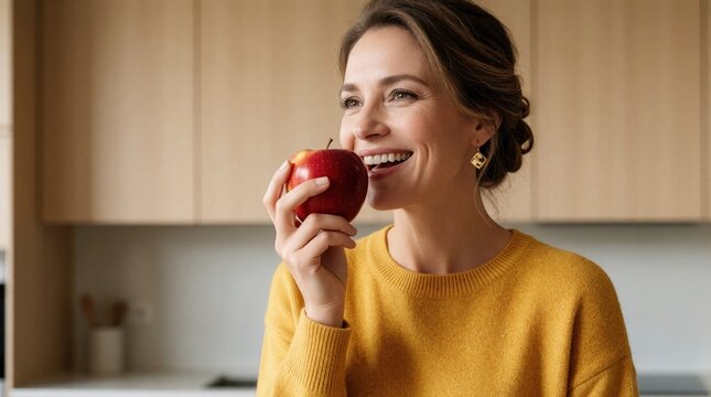 Woman holds red apple near mouth, smiling in modern kitchen. Healthy snack, fresh fruit, simple meal preparation, natural beauty, and positive lifestyle.