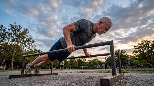 Senior man doing push ups on parallel bars in a park at sunset with clouds in the sky