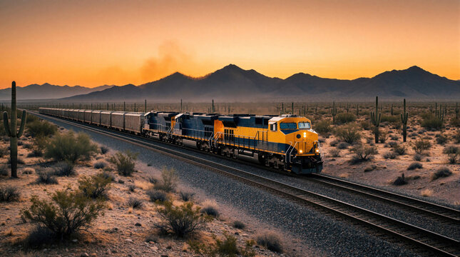 Freight train travels across desert plains near mountains at sunset. Yellow and blue locomotive pulls cargo cars through arid landscape dotted with cacti. Dusk sky glows orange and yellow.