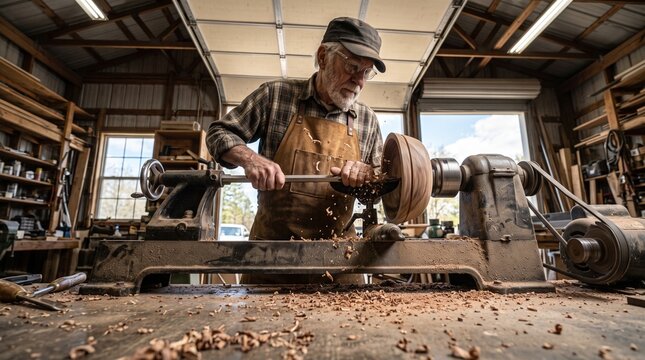 Skilled craftsman turns wood on a lathe in a rustic workshop, creating a bowl with flying wood shavings