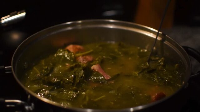 Greens cooking on the stove with bits of meat inside.