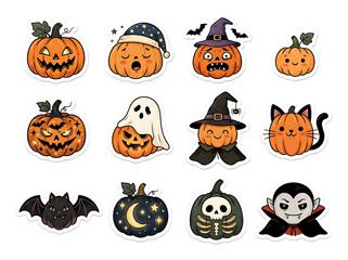 Fototapeta premium Cute halloween stickers with pumpkins ghosts bats and other spooky characters on white background