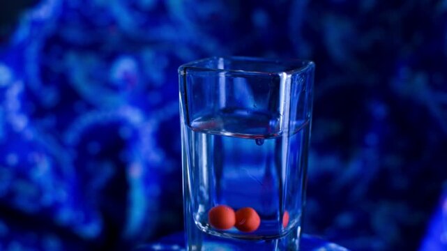 Red candies in a square glass of water. 