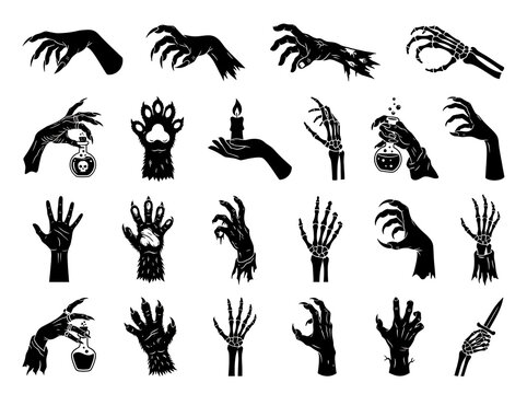 Collection of black silhouettes depicting spooky hands paws potions and halloween themed elements on white background