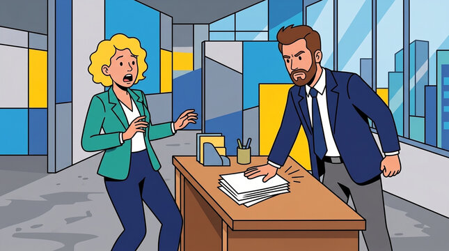 Furious boss slamming documents on desk while startled female employee flinches in fear