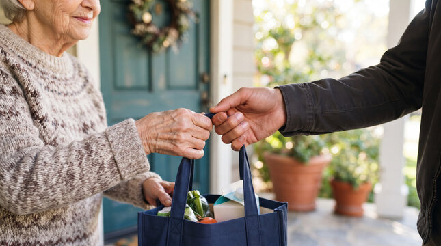 Elderly woman receiving a grocery bag from a volunteer at home entrance. Community support, food delivery, senior care, charitable assistance, and neighborly kindness concept