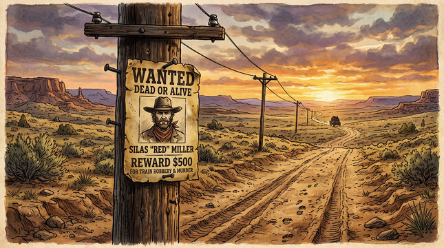 a nostalgic outlaw themed illustration showing a wanted poster nailed to a thick wooden telegraph pole with stagecoach wheel tracks crossing the dry dusty trail fading into the horizon