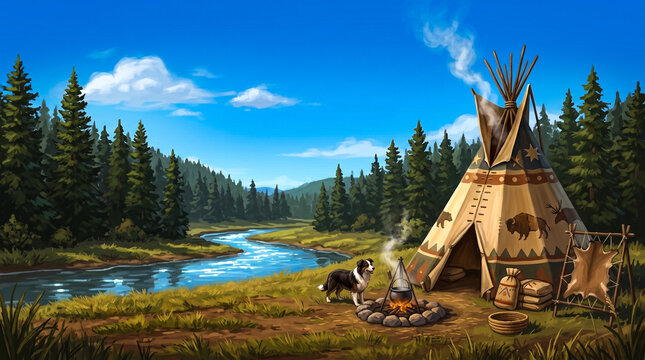 a captivating native american camp scene featuring a large decorated teepee with smoke rising from the top flap set against a lush pine forest and a winding creek reflecting light