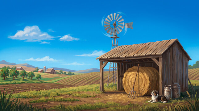 a quirky farm background with a large pitchfork leaning against a hay bale under a wooden shed roof with a classic windmill spinning gently in the breeze against a clear blue sky
