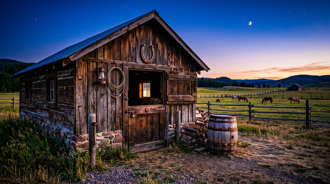 a charming frontier environment highlighting a classic horseshoe hanging above a stable door with an old wooden barrel resting nearby under a clear evening sky over a quiet pasture