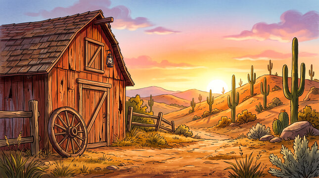 a classic cartoon background featuring a wooden wagon wheel leaning against a weathered barn with a warm sunset fading behind rolling hills and tall green cacti foliage in the back